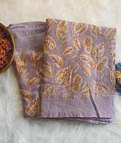 Mauve Satin Silk Saree with Autumn Leaf Motifs & Crystal Detailing