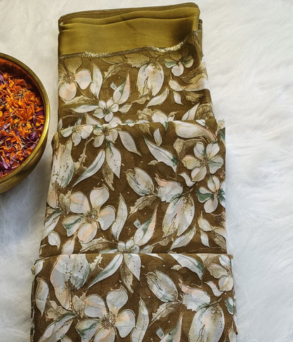 Golden Olive Floral Soft Silk Saree with Blouse