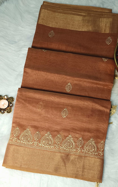 Copper Brown Embroidered Soft Cotton Saree with Zari Border