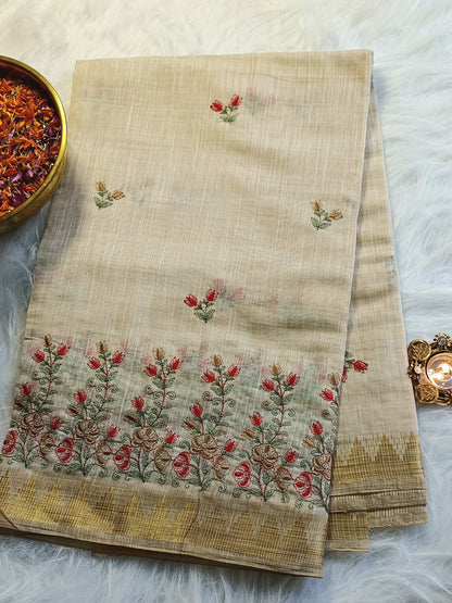 Beige Handloom Cotton Saree with Red & Gold Floral Embroidery