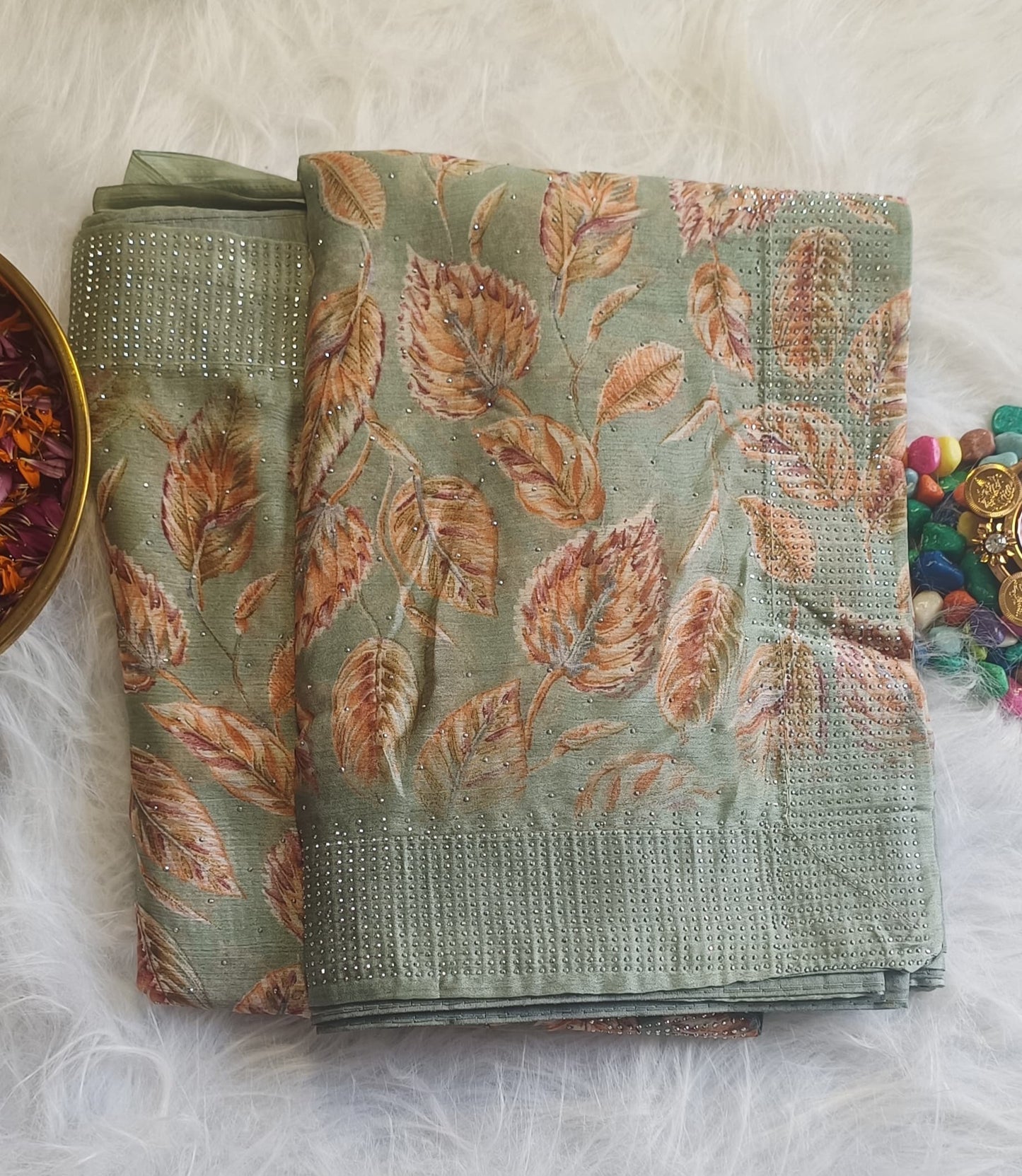 Sage Green Silk Saree with Autumn Leaf Weave & Crystal Accents