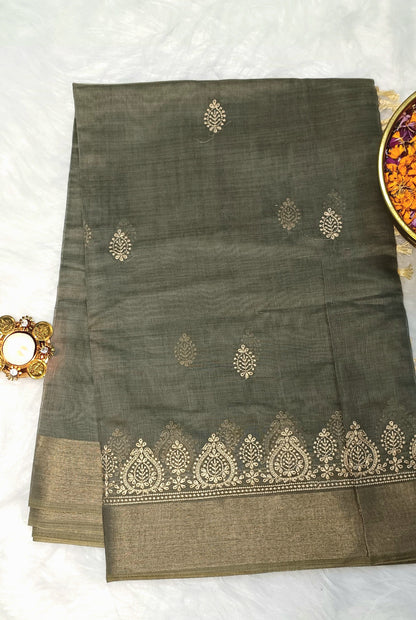 Soft Cotton Saree with Golden Embroidery & Zari Border