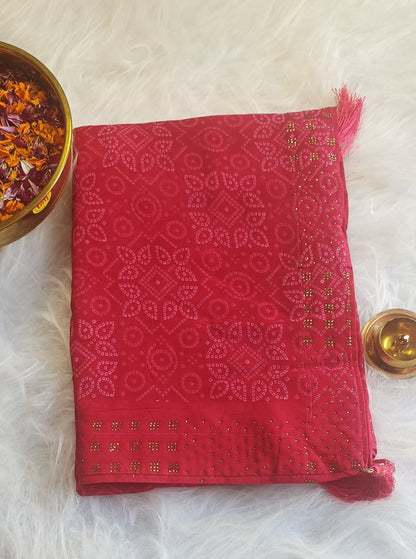 Crimson Charm Bandhani Saree with Stone Work