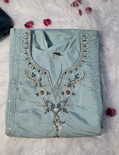 Elegant Sky Blue Embroidered Suit Set