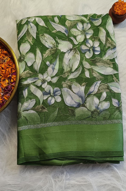 Emerald Bloom Soft Silk Printed Saree with Blouse