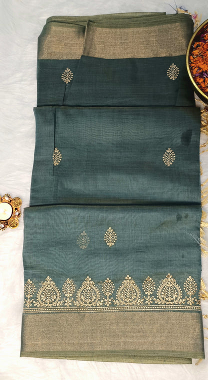 Teal Green Cotton Saree with Golden Embroidery & Zari Border