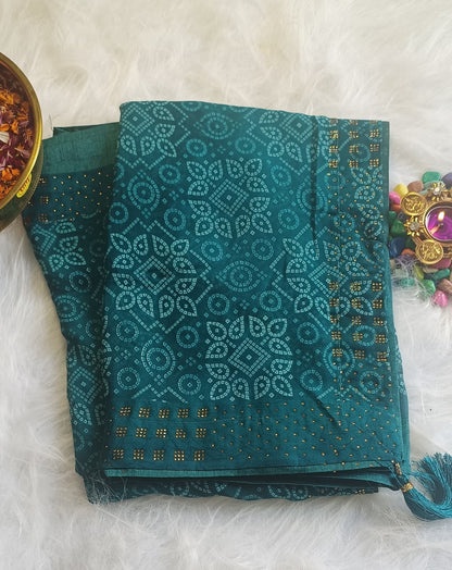 Emerald Teal Bandhani Silk Saree with Zari Detailing